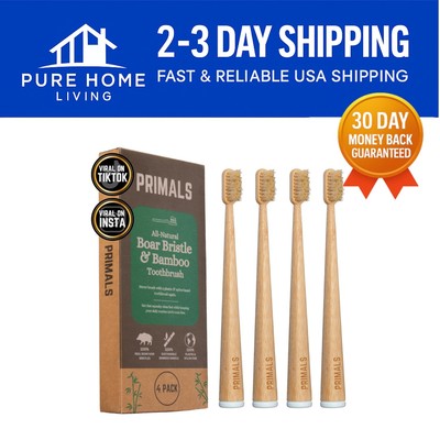 Eco-Friendly Boar Bristle & Bamboo Toothbrush Set, 4-Pack - 100% Biodegradable