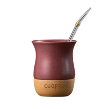 8 OZ Ceramic Yerba Mate Cup with Original Wood Base, Includes Mate Gourd, Bom...