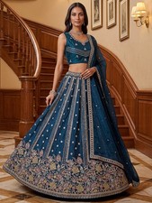 Indian Fendi Silk Lehenga Choli Thread Zari Sequins Wedding Outfit