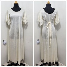 Vintage Ivory Nylon Nightgown Full Length Lace Trim Semi-Sheer Tie Back Sz 36
