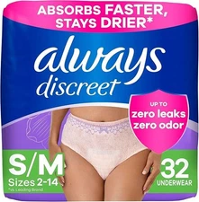 Always Discreet Incontinence & Postpartum Underwear for Women Small/Medium 32 Ct