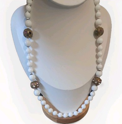 Vintage Signed Miriam Haskell Milk Glass Bead Necklace Art Deco To MCM