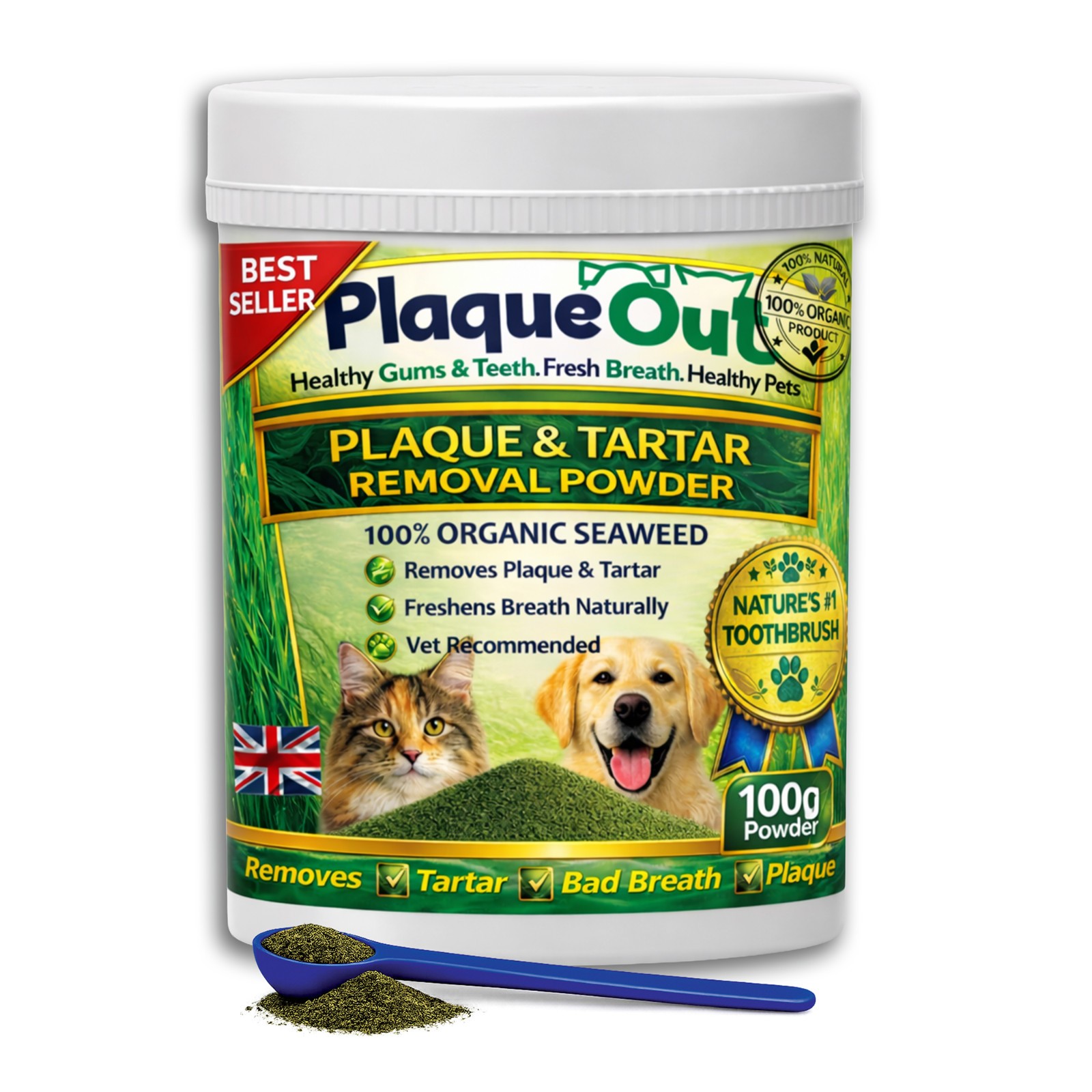 PLAQUE OUT 100g Cat and Dog Pot Oral Plaque Off Tartar Bad Breath ORGANIC Powder