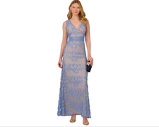 Adrianna Papell Embroidered Lace V-Neck Gown Peri Blue NWT GH0103G