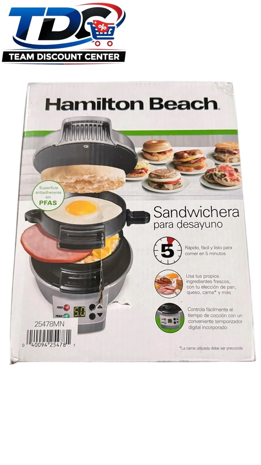 Hamilton Beach Breakfast Sandwich Maker Timer Nonstick Dishwasher Safe 25478