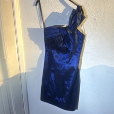 DB studio One-Shoulder Satin Beaded Knee-Length Cocktail Dress Blue 8 Zip