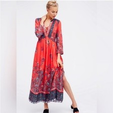 Free People If Only You Knew Maxi Red Boho Printed Dress Size XS
