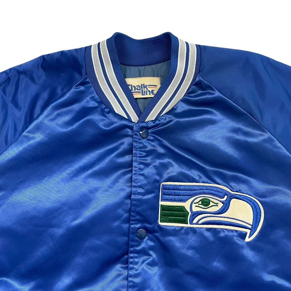 VTG 90s NFL SEATTLE SEAHAWKS CHALK LINE SATIN JACKET SPELL OUT MADE IN USA XL - Image 4 of 4