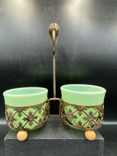 2 Vintage Jadeite Jadite Fire King Custard Cups In Condiment Server