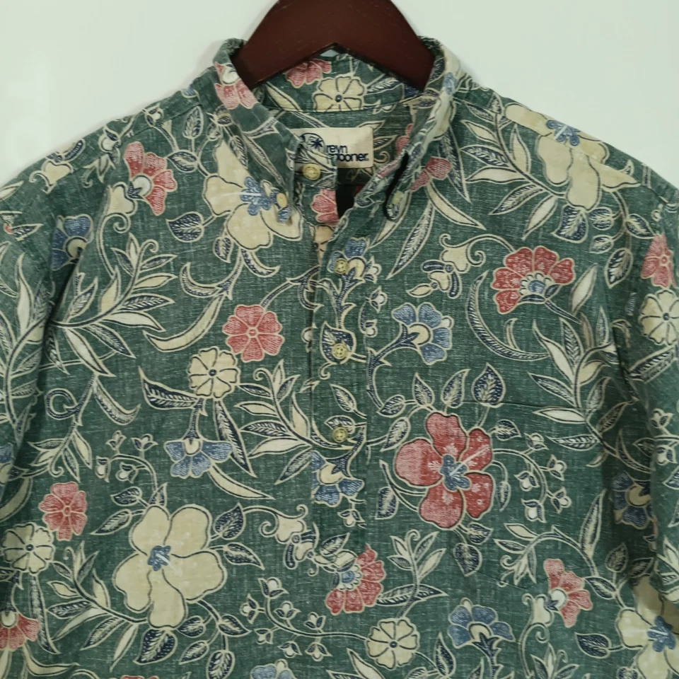 Colher Reyn Vintage Masculina M Verde Manga Curta Floral Tropical Havaiana Botão para Baixo - Imagem 2 de 4