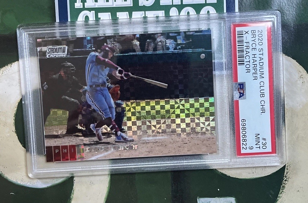 2020 Stadium Club Chrome Bryce Harper Xfractor PSA 9 view 1