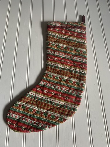 Vintage Christmas Stocking Quilted Fabric Reversible Hang Loop Ric Rac 17” - Picture 3 of 5
