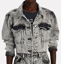Frame Stonewashed Gray Faded & Distressed Crop Jacket Front Button Raw Hem S