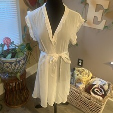 Oscar De La Renta Ivory Short Robe Size M Pink Label Sheer Attached Satin Belt