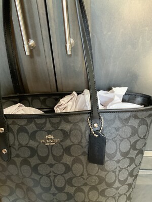 Women's COACH Signature City Zip Tote. F58292. Black Smoke/Black