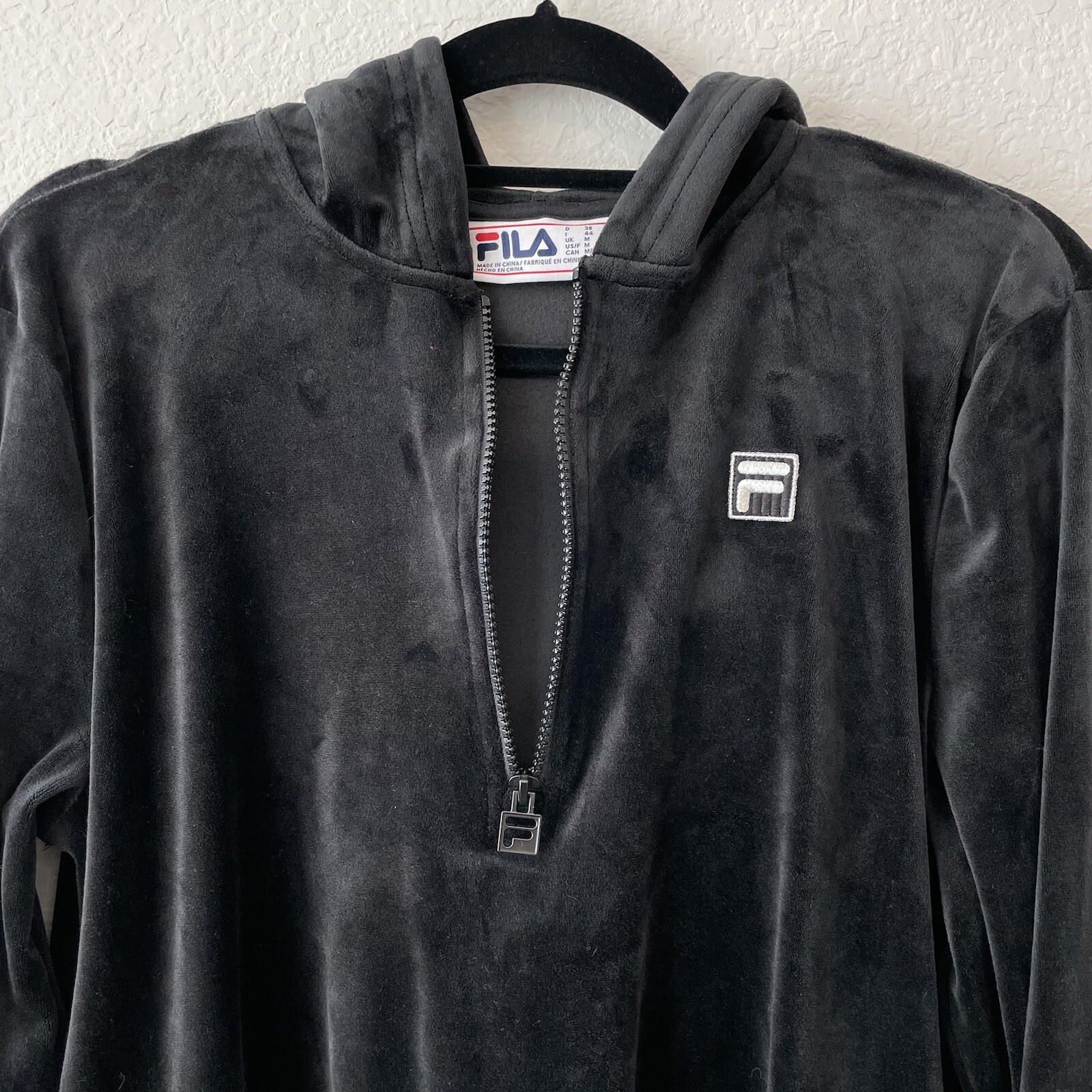 FILA Women's Size Medium Black Half Zip Long Sleeve Velour Pullover Hoodie