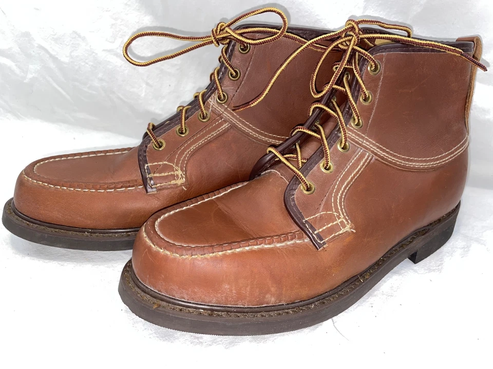 BOTAS DE TRABAJO DE COLECCIÓN AÑOS 70 80 PARA HOMBRE 8 NUEVAS SEARS CUERO MARRÓN SIN USAR, EN CAJA, PUNTERA CON CORDONES Foto 3 de 4