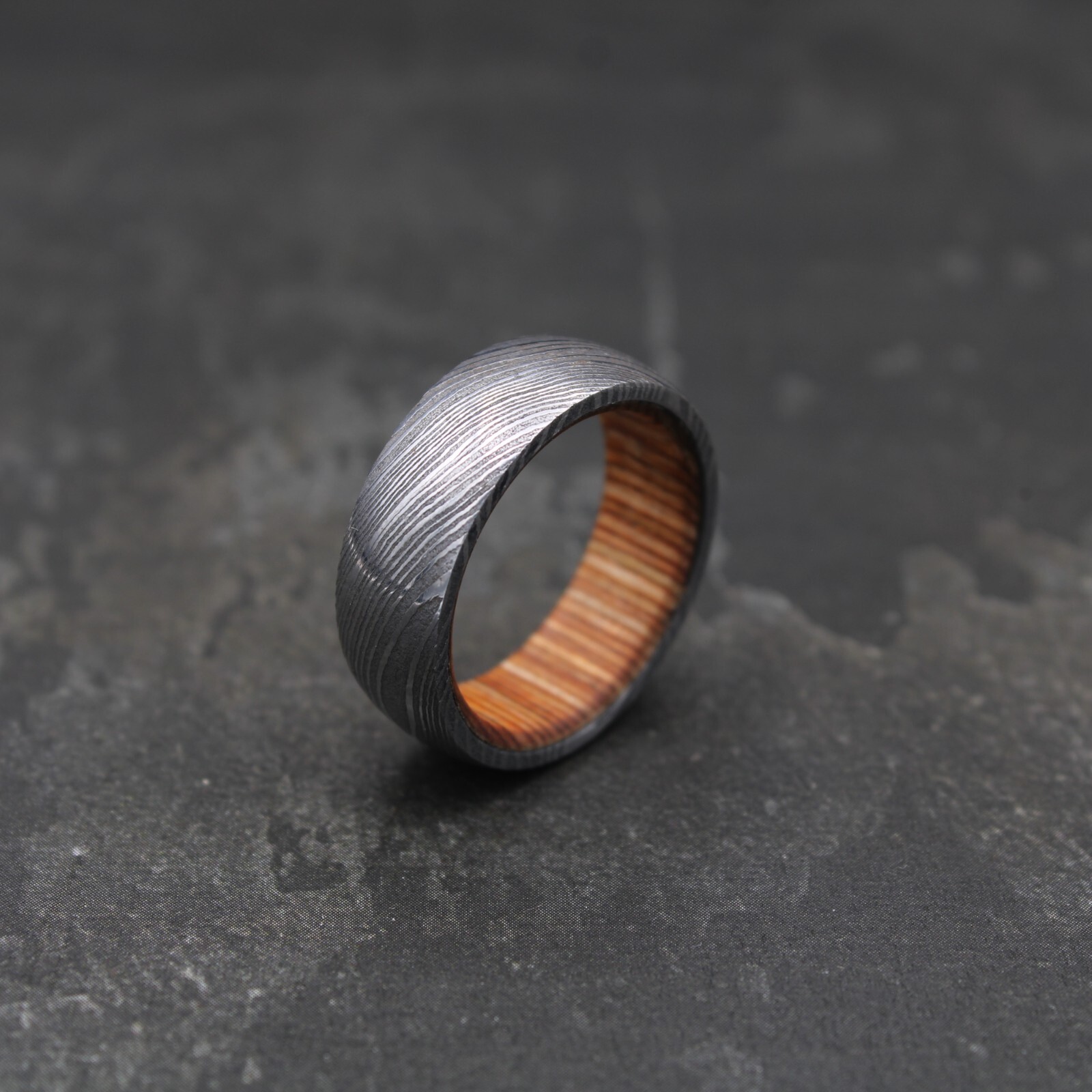 Damascus Steel Rings Wood Inlay Wedding Band Damascus Steel Whiskey Barrel Wood