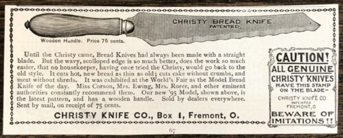 1895 Wooden Handle CHRISTY BREAD KNIFE Vtg Kitchen Utensil Print Ad~Fremont,Ohio - Afbeelding 1 van 1