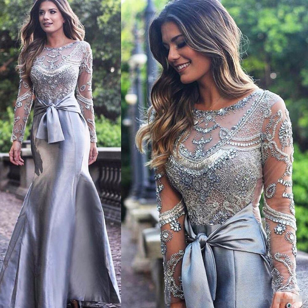 Gorgeous Silver Mermaid Mother Of The Bride Dresses O-Neck Beading Party Gowns Gorgeous Silver Mermaid Mother Of The Bride Dresses O-Neck Beading Party Gowns