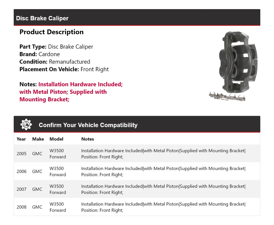Pinza de freno de disco delantera derecha Cardone 2006 2007 para GMC W3500 2005-2008 Foto 2 de 4