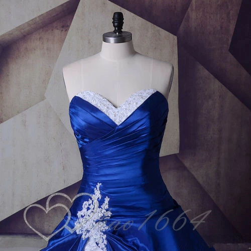 Vintage Royal Blue Wedding Dresses Satin Gothic White Bridal Dress Lace Applique - Picture 5 of 13