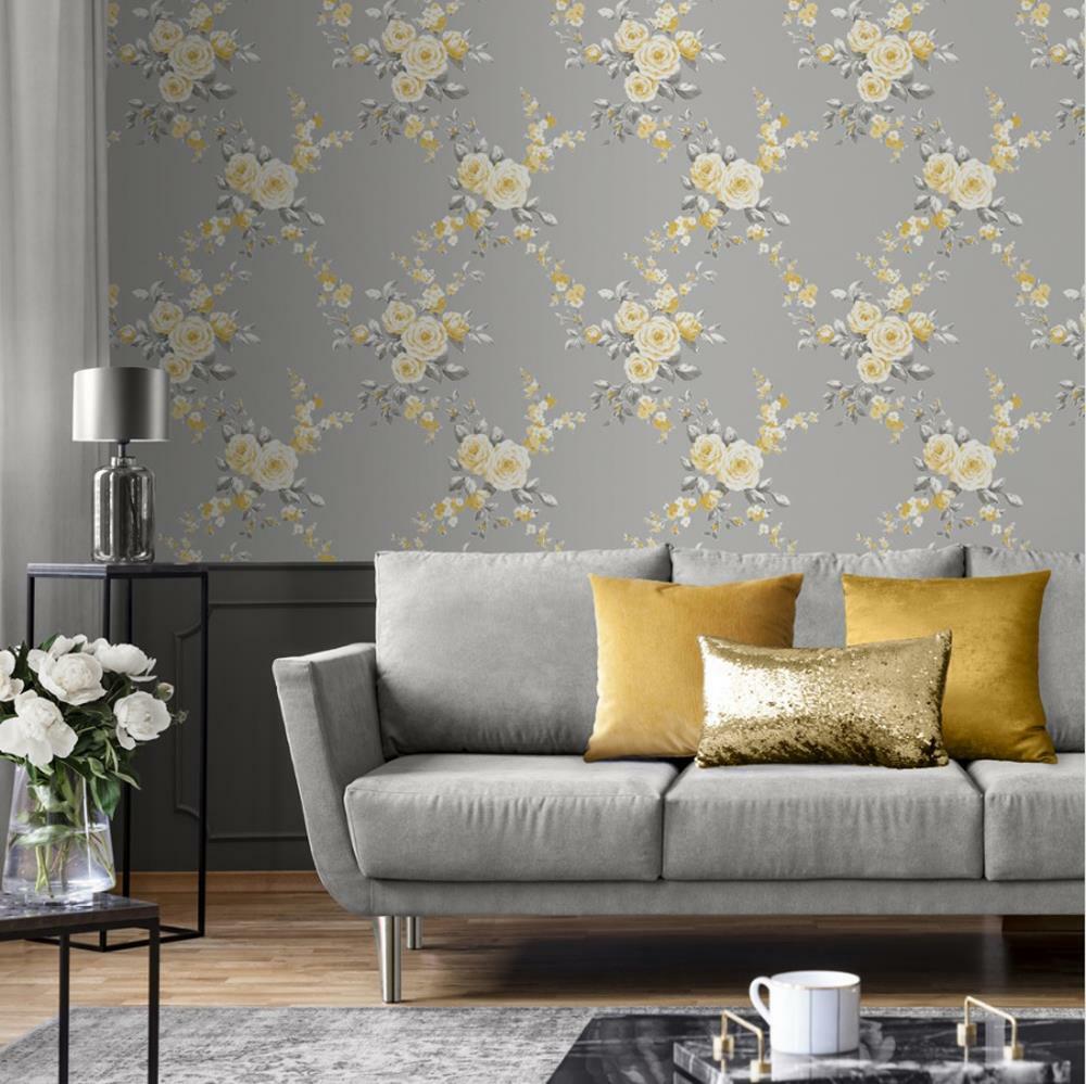 Catherine Lansfield Canterbury Grey Ochre Floral Wallpaper Yellow White