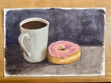 Coffee doughnut watercolor Gouache Still Life Hand Made Painting 7.5x11inches