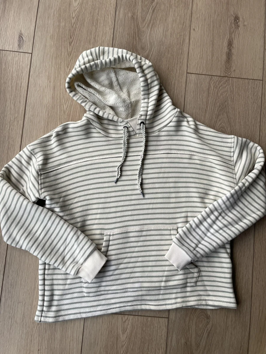 Roxy Large Cropped Hoodie Sweatshirt Cream Green Stripped Cross