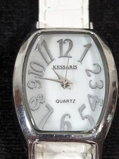 Kessaris White Pearlized Dial Silver TOne Rectangle Case White Band Watch 7.5 in
