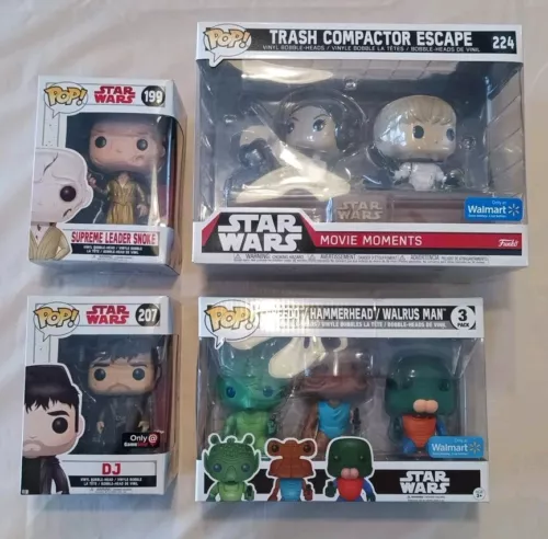 4 NIB Star Wars Funko Pop Figurines 207 DJ , 199 Snoke, 224, & Greedo 3 Pack