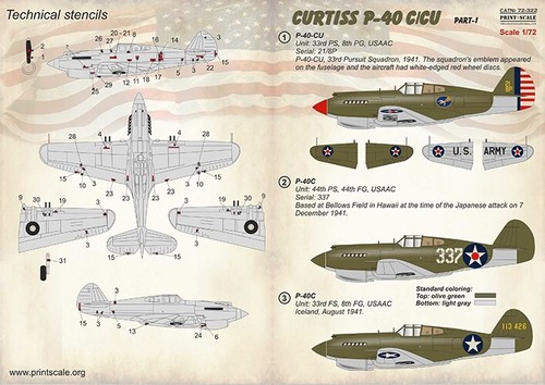 Print Scale 72-322 Waterslide Decal for airplane 1:72 Curtiss P-40 C/CU Part 1 - Picture 12 of 24
