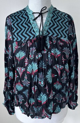 Printfresh Blouse sz S Cocktail Hour Gatsby Green Silk/Cotton Lined Puff Sl EUC