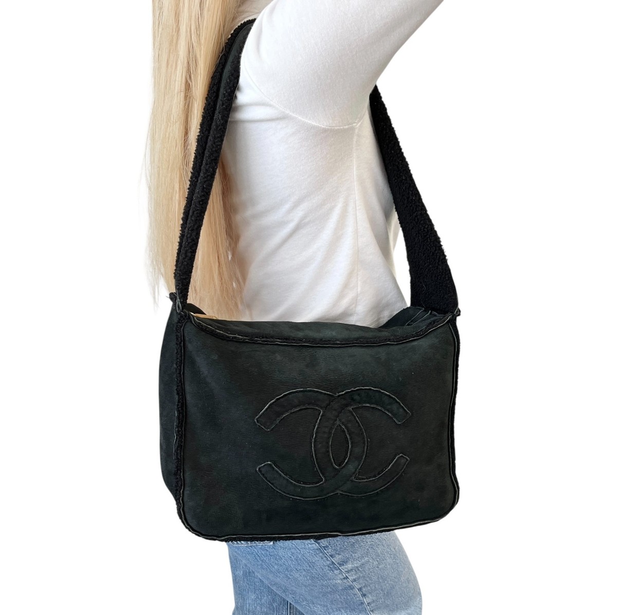 CHANEL Vintage Big CC Shearling Leather One Shoulder Bag Black