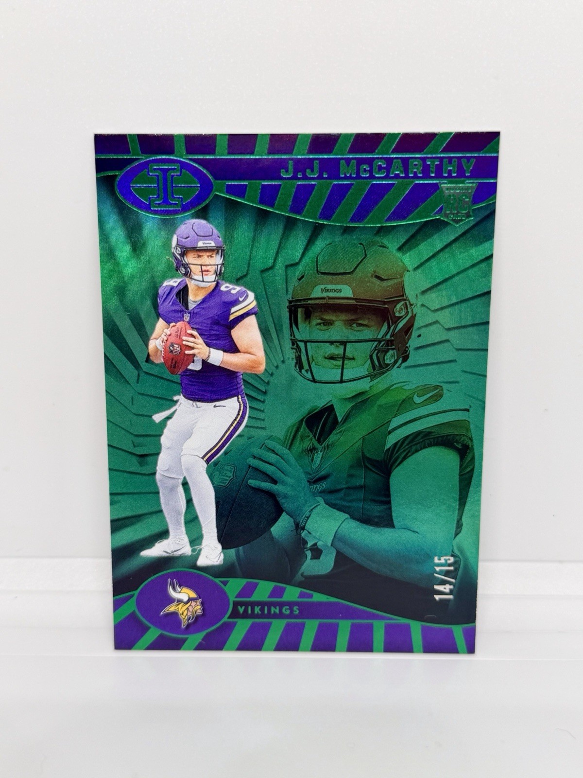 JJ MCCARTHY Rookie 2024 Illusions Trophy Collection Green /15 Vikings RC #100