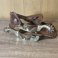 AJ Tack Praying Cowboy Spurs Ladies Brown Silver Gold Leather Cross Bull