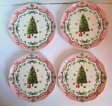 Potter's Studio Christmas Tree Plates Pink Trim Salad Dessert 8.5" Set/4 NEW