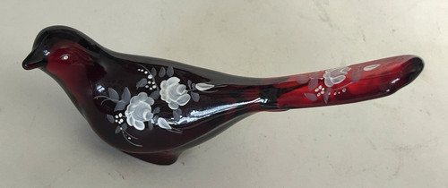Fenton Ruby Red Glass Bird of Happiness Painted White Roses signed Fleming