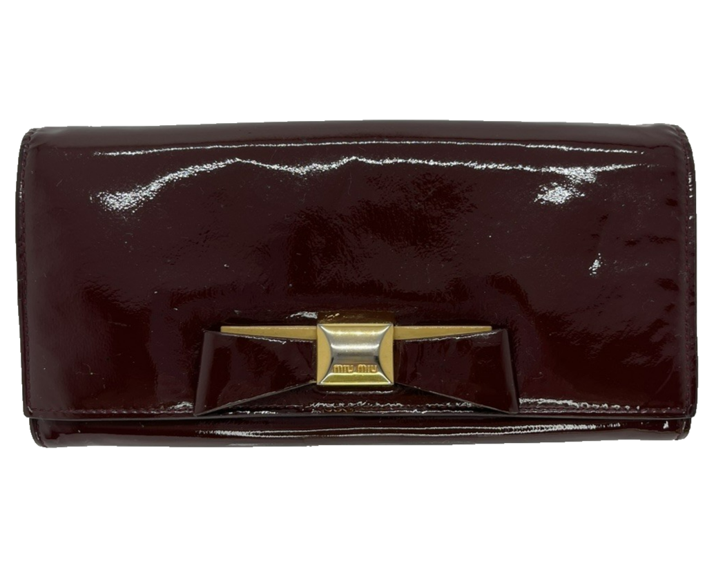 Authentic Miu Miu Logo Ribbon Patent Leather Long Wallet Bordeaux Bifold/23