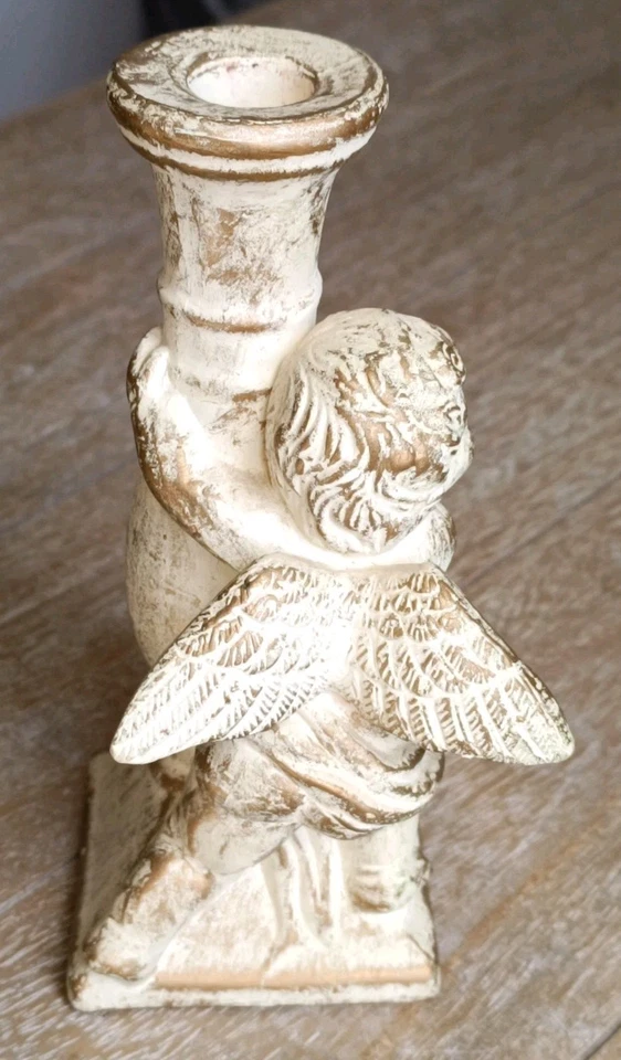 Bougeoir En Plâtre Avec Un Ange Couleur Blanchâtre Et Doré Aspect Vieilli - Photo 4/4