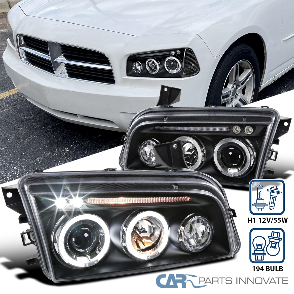 Fits Dodge 06-10 Charger Black LED Dual Halo Projector Headlights Head  Lamps L+R