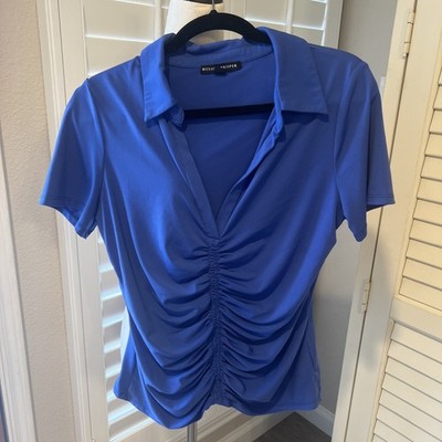 Boston Proper Blue Rouched Collar Top M