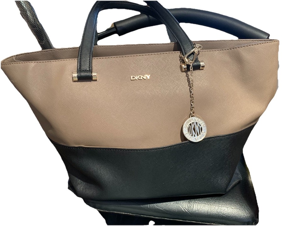 DKNY Donna Karan Bryant Large Tote Black And Gray Purse Bag Gold Charm ...