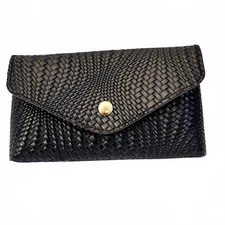 Unisex Medium Size Black Faux Woven Leather Cell Phone Belt Pouch Holder Snap Cl