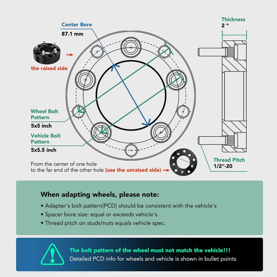 Adaptador de rueda 4x 5x5,5 a 5x5 1/2"-20 87,1 mm 2" para Ford F-150 F-100 Jeep Dodge Foto 2 de 4