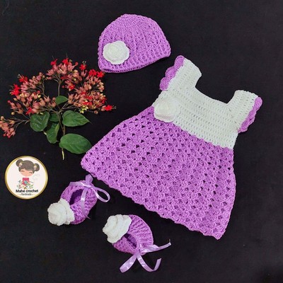 0-3 Month Hand Made Crochet Soft Wool Purple Princes Baby Doll Girl Frock Set