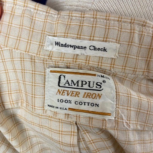 VTG Mens 60s-70s Khaki Windowpane Check Campus All Cotton Button Down Shirt - Picture 2 of 10
