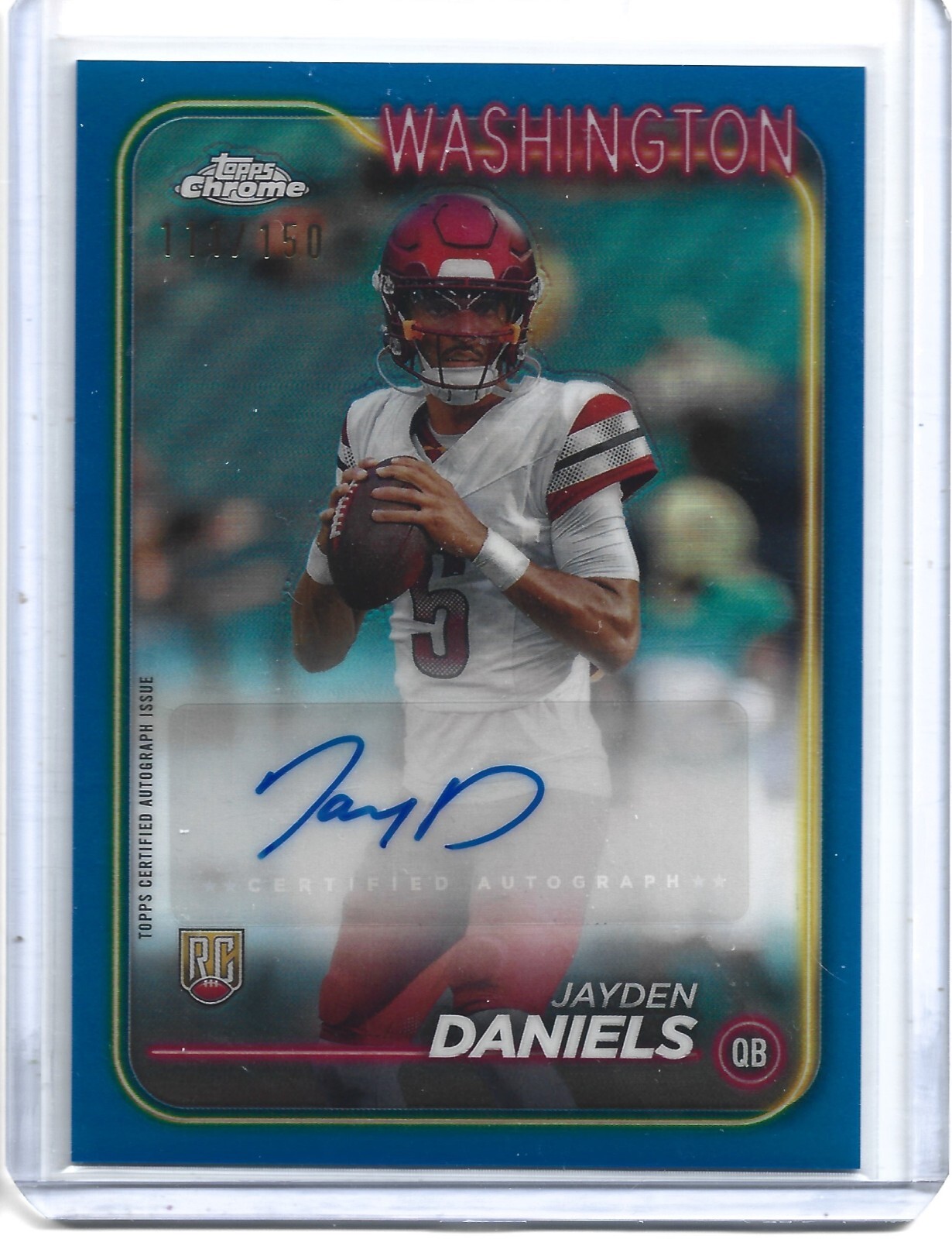 Jayden Daniels 2024 Topps Chrome RA-JDA Blue Refractor #/150 Auto Rookie RC