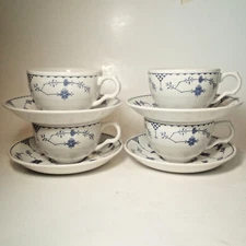 4 Vintage Mason's Denmark Blue and White Breakfast Cup & Saucer Sets