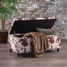 Contemporary Studded Storage Ottoman Bench, Milk Cow Pattern Velvet & Dark Brown